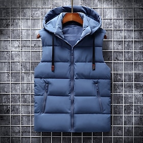 Men's Puffer Vest Vest Gilet Daily Vacation Date Fashion Casual Winter Pocket Polyester Warm Comfortable Solid Color Zipper Hooded Regular Fit Blue Black Dark