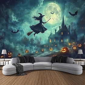 Halloween-achtergrond wandtapijt, nachtelijk spookkasteel pompoenheks wandkleed, grote decoratieve muurschildering voor slaapkamer, woonkamer, feest en huisdec