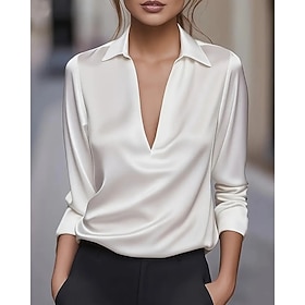 Women's Elegant Dressy Satin Satin Top Patchwork Plain Modern Casual Long Sleeve Shirt Collar Regular Tops Daily Holiday White Black Wine Dusty Blue Fall
