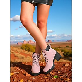 Women's Pink Lace-Up Ankle Boots with Chunky Heels and Lug Soles -Trendy Urban Fashion Footwear for Street Style Outfits