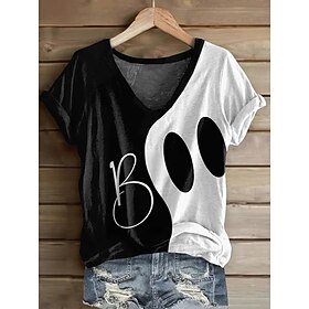 Halloween Women's T shirt Monster Graphic Vintage Stylish Classic Short Sleeve V Neck Regular Tops Daily Print Maroon Black White Red Summer Spring