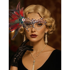 Women's Green Feather Lace Masquerade Mask with Peacock Details and Rhinestone Accents, Vintage Gothic Costume Accessory for Halloween Party