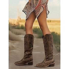 Women's Brown Leather Western Cowboy Boots with Intricate Floral Embossing and Block Heels, Stylish Urban Fashion Footwear