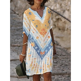 Women's Midi Dress Casual Dress Print Dress Fashion Modern Daily Beach Weekend Regular Fit Graphic 3/4 Length Sleeve Crew Neck Yellow Orange Summer Spring Fall