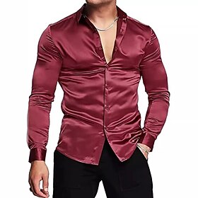 Men's Shirt Silk Like Satin Shirt Dress Shirt Casual Shirt Button Up Shirt Plain Wedding Shower Black White Red Royal Blue Long Sleeve Lapel Spring   Fall All