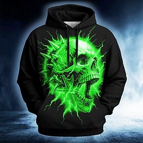 Halloween Men's Skull 3D Hoodie Sweatshirt Punk Exaggerated Gothic Casual Long Sleeve Crew Neck Hooded Streetwear Club Blue Red Green Gray Drawstring Fall Wint