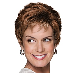 Women's Short Brown Layered Pixie Wig with Bangs Natural Looking Realistic Synthetic Hair Heat Resistant Elegant Daily Wear Fashion Style