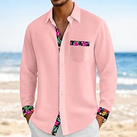 Men's Shirt Linen Shirt Summer Shirt Beach Shirt Solid Color Vacation Casual Black White Pink Blue Long Sleeve Lapel Summer Spring Clothing Apparel