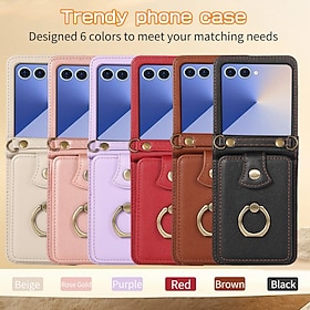 Phone Case For Samsung Galaxy Z Flip 7 Z Flip 6 Z Flip 5 Z Flip 4 Back Cover with Lanyard Kickstand Card Slot Retro TPU PU Leather
