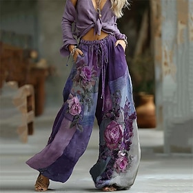 Women's Graphic Wide Leg Pants Trousers Palazzo Pants Fashion Boho Full Length High Waist Flower Drawstring Elastic Waist Print Breathability Comfortable Stree
