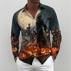 Halloween Men's Pumpkin Death Costumes Shirt Button Up Shirt Long Sleeve Casual Outdoor Holiday Summer Spring Turndown 3D Print Collared Shirts Dark Blue 2