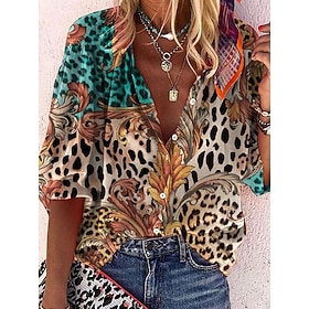 Women's Bohemia Vintage V Neck 3/4 Length Sleeve Graphic Leopard Daily Regular Tops Daily Beach Wear Print Maroon Summer Spring Fall