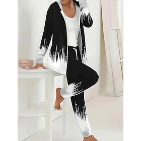 Women's Two Pieces Set Active Daily Hoodie Tracksuit Pants Sets Long Sleeve Round Neck Hooded Ombre Floral Drawstring Print Outdoor Casual Black White Fall Reg