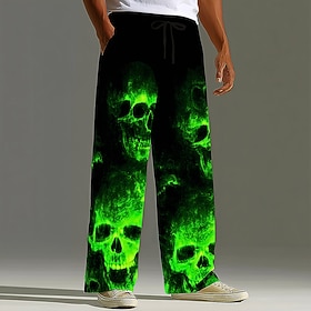 Halloween Men's Costumes Skulls Trousers Baggy Pants Casual Pants Mid Waist Dark Punk Gothic Style Holiday Elastic Drawstring Waist Linen-Like Pants with Pocke