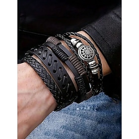 Men's Viking Style Multi-Layer Leather Bracelet Set - Vintage Braided Cuff with Gold Charms, Perfect for Casual Wear, Gifts and Street Style Accessories