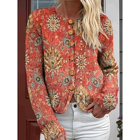 Women's Cardigan Sweater Knitted Ribbed Button Front Round Neck Long Sleeve Lightweight Daily Floral Graphic Geometric Buttons Print Regular Tops Knit Outdoor