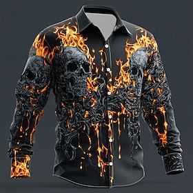 Halloween Men's Skull Flame Skeleton Shirt Button Up Shirt Long Sleeve Dark Punk Gothic Style Outdoor Holiday Summer Spring Turndown 3D Print Collared Shirts B