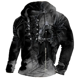 Halloween Men's Grim Reaper 3D Print Reaper Sweatshirt Punk Exaggerated Gothic Long Sleeve Crew Neck Hooded Streetwear Club Lake blue Black Red Green Drawstrin
