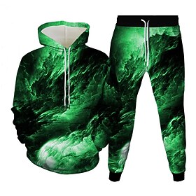 Men's Cloud Abstract 2pcs 3D Sweatshirt Sets Tracksuit Hoodie Sweatshirt Long Sleeve Long pants Hooded Casual Daily Athleisure 3D Print Spring Fall Winter Gree