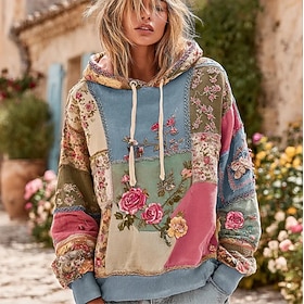 Women's 3D Print Vintage Boho Hoodie Patchwork Hoodie Sweatshirt Floral Pullover Sweatshirt Oversized Long Sleeve Casual Warm Active Hooded Street Dailywear Da