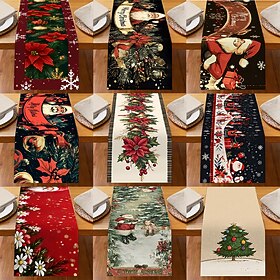 Christmas Linen Table Runner, Holiday Cartoon Santa Snowflake Print Tablecloth, Dining Table Decor, Living Room Countertop Festive Decoration