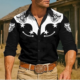 Men's Floral Print Cow Print Flowers Shirt Western Shirt Cowboy Shirt Long Sleeve Vintage Retro Outdoor Vacation Spring Fall Turndown 3D Print Linen Like Shirt