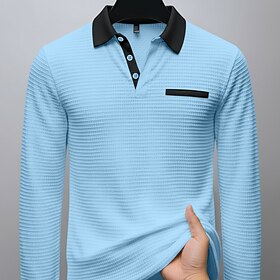 Men's Waffle Polo Shirts Textured Formal Business Ribbed Polo Collar Long Sleeve Fashion Solid Color Pocket Buttons Spring   Fall Blue White Gray Waffle Polo S