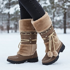 Women's Winter Faux Fur Boots - Warm Snow Boots with Pom Pom and Embellished Design for Casual and Outdoor Wear