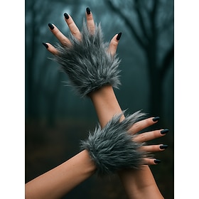 Women's Furry Werewolf Paw Gloves – Halloween Costume Cosplay Accessories, Fluffy Monster Claw Mittens for Party and Dress Up