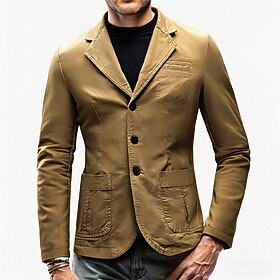 Men's Blazer Business Cocktail Party Wedding Party Fashion Casual Spring Fall 100% Cotton Plain Pocket Buttons Comfortable Single Breasted Blazer Black khaki A