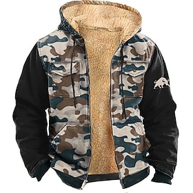 Men's Camo Camouflage Fleece Hoodie Jacket Sweatshirt Fashion Cool Daily Vintage Retro Long Sleeve Hooded Hunting Blue Brown Green Gray Zipper Pocket Fall Wint