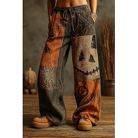 Halloween Women's Jack O Lantern Pumpkin Face Spider Web Patchwork Wide Leg Pants High Waist Drawstring Full Length Vintage Graphic Trousers Orange Black