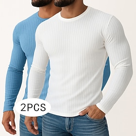 Lot de 2 t-shirts côtelés à manches longues pour homme, col rond, coupe ajustée, hauts décontractés parfaits pour l'automne.