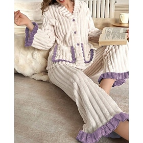 Women's Pajamas Pajama Set 2 Pieces Flannel Fashion Casual Patchwork Pocket Elastic Waist Buttons Pant Home Daily Bed Long Sleeve V Neck White Red Purple Green