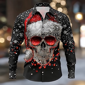 Halloween Men's Skull Christmas Light Christmas Hats Shirt Button Up Shirt Long Sleeve Dark Punk Gothic Style Outdoor Holiday Spring Fall Turndown 3D Print Col
