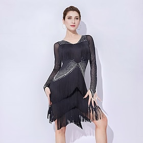 Latin Salsa Dance Dress Rhinestone Tassel Splicing Women's Performance Training Long Sleeve Mesh Milk Fiber