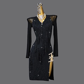 Latin Salsa Dance Dress Rhinestone Tassel Splicing Women's Performance Party Long Sleeve Mesh Spandex