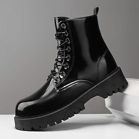 Black High-Gloss Leather Men's Lace-Up Boots with Chunky Sole – A Must-Have for Motorcyclists, Rock Enthusiasts, Casual Street Style and Trendy Fashion