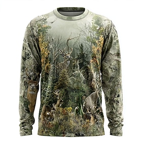Men's Camo Deer T Shirt Long Sleeve T shirt 3D Print Crew Neck Shirt Fashion Outdoor Street Sports Outdoor Hunting Green 1# Green 2# Green 3# Summer Spring Clo