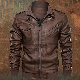 Men's Faux Leather Jacket Biker Jacket Motorcycle Jacket Vacation Daily Windproof Warm Pocket Fall Winter Plain Fashion Classic Stand Collar Regular Red Gray J