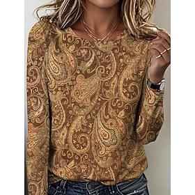 Women's T Shirt Print Floral Graphic Paisley Vintage Stylish Casual Long Sleeve Crew Neck Regular Tops Daily Blue Brown Green Spring Fall Winter