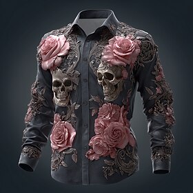 Men's Cool Skulls Day of the Dead Flowers Shirt Button Up Shirt Long Sleeve Dark Punk Gothic Style Outdoor Holiday Spring Fall Turndown 3D Print Linen Like Shi