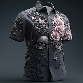 Halloween Men's Skull Floral Print Day of the Dead Shirt Button Up Shirt Short Sleeve Dark Gothic Style Streetwear Holiday Summer Spring Turndown 3D Print Coll
