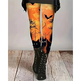 Halloween Women's Leggings Cozy Leggings Basic Casual Full Length High WaistPantsHalloween Cat Bat Printing Thermal Warm Comfortable Stretchy Vacation Street C