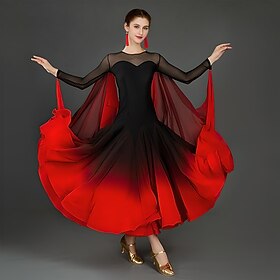 Ballroom Dance Dress Split Joint Women's Training Performance Long Sleeve Mesh Spandex Chiffon