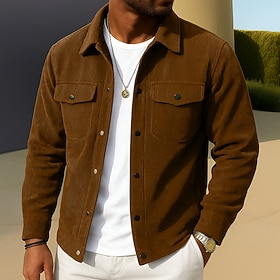 Men's Corduroy Shirt Black Brown Green Gray Long Sleeve Plain Turndown School Training Pocket Clothing Apparel Vintage Classic Casual