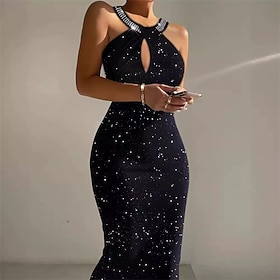 Women's Midi Dress Black Dress Sequin Dress Party Dress Casual Dress Elegant Fashion Modern Daily Outdoor Beach Slim Plain Sleeveless Halter Neck Black Spring