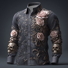 Men's Floral Print Day of the Dead Skulls Shirt Button Up Shirt Long Sleeve Dark Punk Gothic Style Outdoor Holiday Spring Fall Turndown 3D Print Linen Like Shi