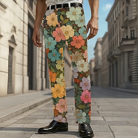 Men's Dress Pants Trousers Suit Pants Floral Print Flowers Full Length Outdoor Vacation Daily Casual Formal Blue Gray Micro-elastic
