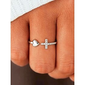 Women's Heart and Cross Ring – Adjustable Silver Plated Open Band with Cubic Zirconia, Minimalist Jewelry for Ladies Christmas Gift